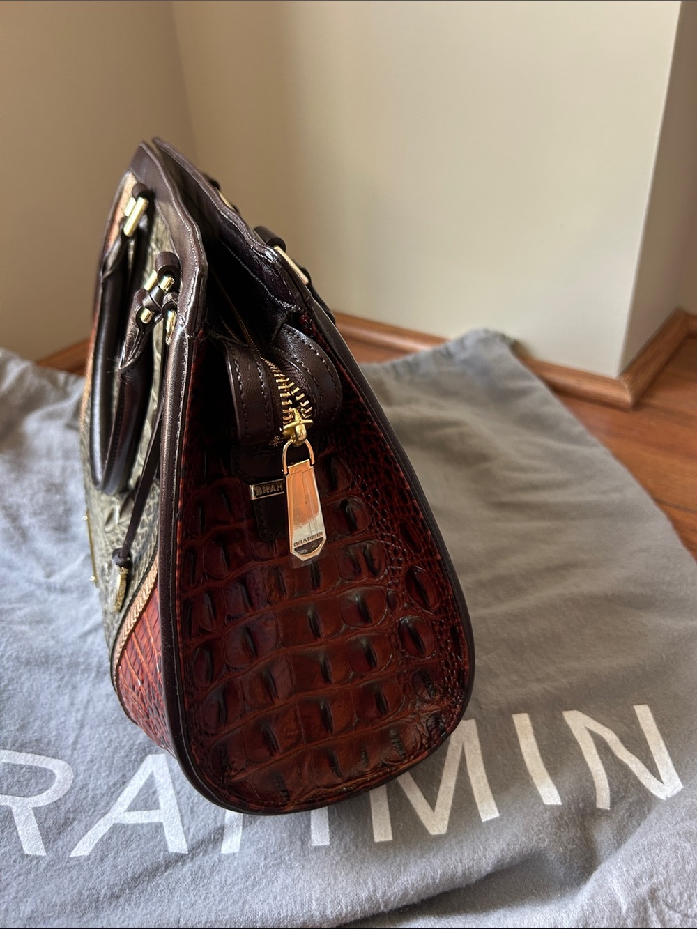 Brahmin Olive, Rust & Brown Croc-Embossed Satchel - Picture 2 of 11